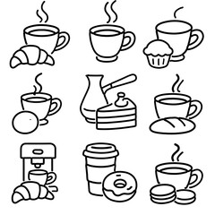 Vector set of breakfast and coffee icons in flat style. Coffee cups, croissant, muffin, orange, cezve, cake, bread, coffee machine, takeaway cup with donut