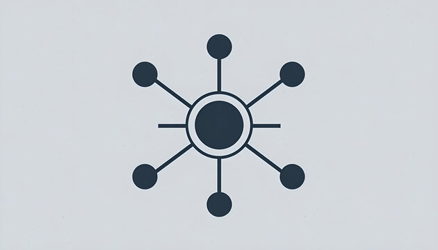 Bold Dark Icon of Central Hub and Radial Network on Gray