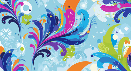 Fototapeta premium Abstract floral flourishes with vibrant colors and playful swirls creating a festive design.
