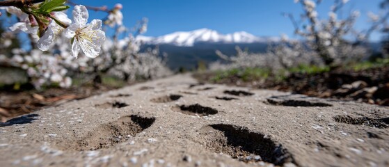 Seasonal Footprints in Blooming Orchard with Mountains in Background Under Bright Blue Sky