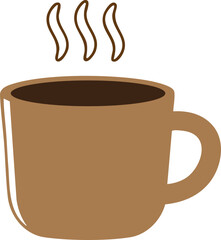 A simple, flat design vector illustration of a brown coffee mug with hot steam rising, isolated on a white background.