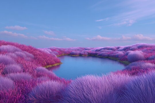 A serene, vibrant landscape of fluffy, purple flora surrounding a placid blue lake