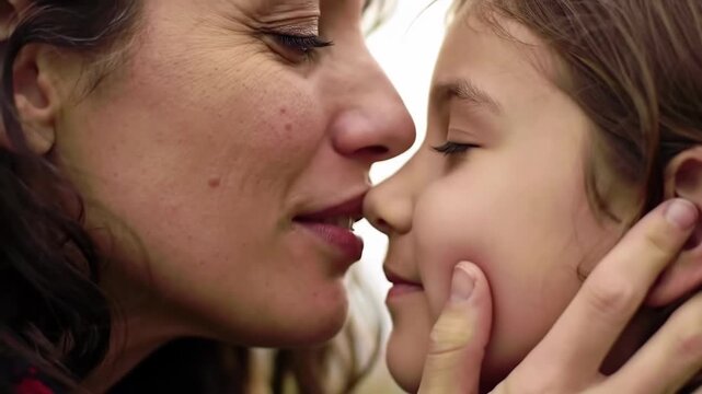 Mother and child touching noses in close-up moment of affection