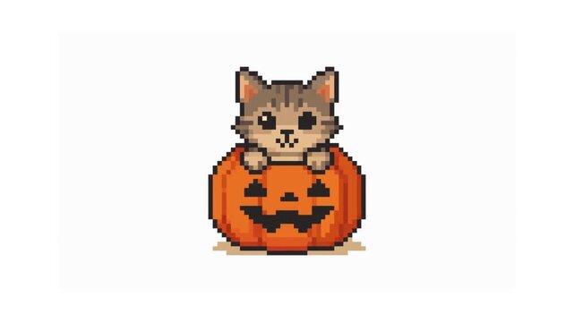 Cute gray cat winking inside smiling orange Halloween pumpkin with bat mouth, short loop animation in pixel art style