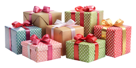 Group of Seven Polka Dot and Solid Wrapped Gift Boxes present ribbon isolated on a transparent background