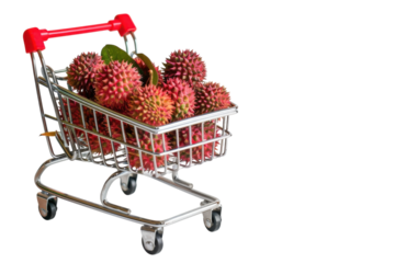 A miniature shopping cart filled with fresh lychee fruits showcasing vibrant colors and textures against a clean background isolated on transparent background