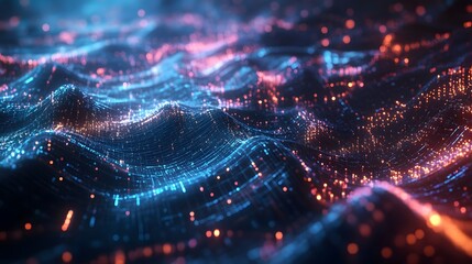 Complex data visualization with glowing neon light trails.