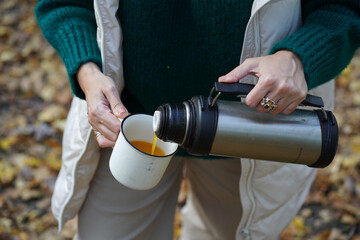 Picknic in the fairy beatiful forest in autumn