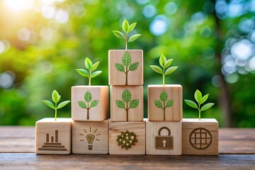 Wooden blocks with plant growing on top and icon on surface on wooden table with green background