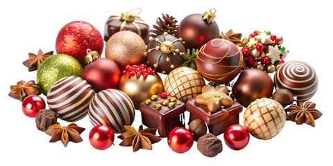 Assortment of Christmas Ornaments and Chocolates Keywords: Christmas isolated on a transparent background
