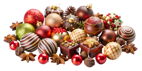Assortment of Christmas Ornaments and Chocolates Keywords: Christmas isolated on a transparent background
