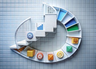 Spiral staircase with colorful blocks, representing growth, progress, and achievement, top view, studio shot