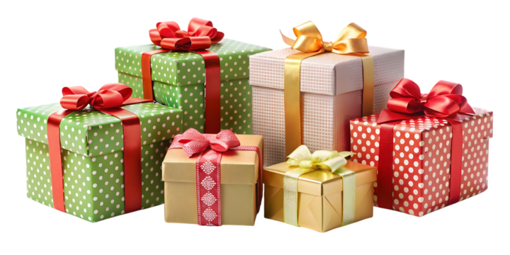 Assortment of Wrapped Gift Boxes with Ribbons and Bows Keywords: gift isolated on a transparent background