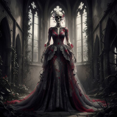 Elegant skeletal bride in a romantic dark gown standing in a hauntingly beautiful ruined cathedral