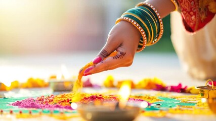 Colorful rangoli design, Indian festival celebration, traditional art, cultural heritage, festive decoration, spiritual ceremony, vibrant colors, artistic expression, joyful atmosphere