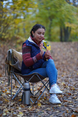 Picknic in the fairy beatiful forest in autumn