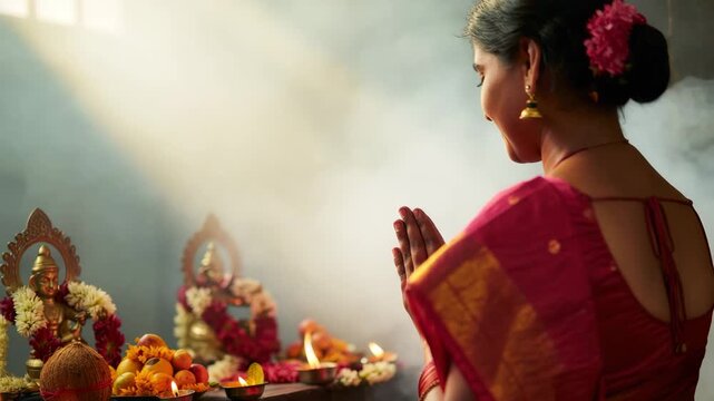 Traditional Dussehra prayer scene, Indian woman, cultural celebration, festival rituals, vibrant saree, temple offering, divine worship, festive ambiance, spiritual devotion, Hindu festival