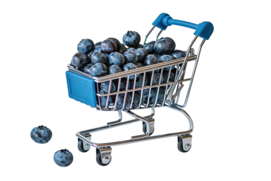 A miniature shopping cart brimming with fresh blueberries captured against a clean, minimalist backdrop in bright light isolated on transparent background