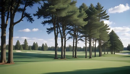 Scenic view of a lush green golf course with tall trees under a blue sky.