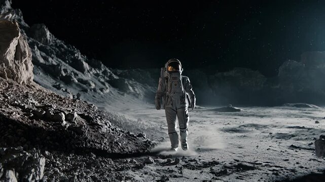 Courageous astronaut in a spacesuit walking on the rocky surface of an uninhabited planet during a space mission, exploring a new frontier with a starry night sky in the background