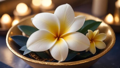 Fototapeta premium Frangipani flowers in a golden bowl with candles in the background.