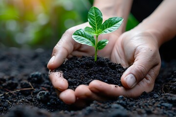 Seedling in hands on soil.