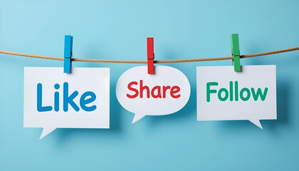 Mixed Shape Speech Bubbles with Like Share Follow on Blue Clothesline