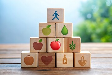 Pyramid of wooden blocks with healthy lifestyle icons on wooden table against blurred background
