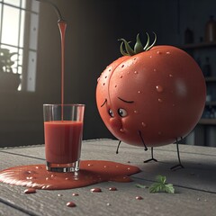 A cartoon tomato character with a sad expression stands beside a glass of tomato juice. Juice spills onto a wooden table, creating a playful scene.