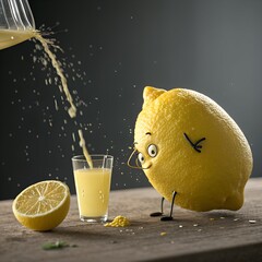 A cartoon lemon character with glasses stands beside a glass of lemonade. Lemon juice is being poured from a pitcher. The scene is bright and playful.