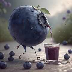 A cartoonish blueberry character walks towards a glass of blueberry juice. The scene includes scattered blueberries on a surface, with a soft, blurred background.