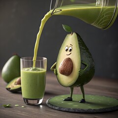 A cartoon avocado character stands beside a glass of green smoothie. The avocado has a smiling face and is pouring the smoothie from a pitcher.