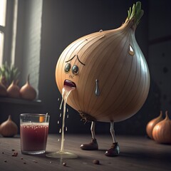 A cartoon onion character with a sad expression, shedding tears next to a glass of juice. The scene includes several whole onions in the background.