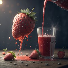 Fresh strawberries splashing into a glass of strawberry juice. The scene captures vibrant colors and dynamic movement, emphasizing freshness and flavor.