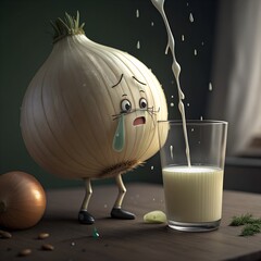 A cartoon onion character with a sad expression stands beside a glass of milk. The onion has arms and legs, with tears rolling down its face.