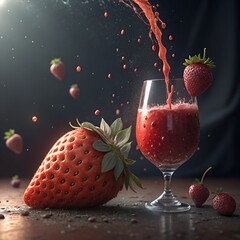 A glass of strawberry juice with splashes, surrounded by fresh strawberries on a wooden surface. The scene highlights vibrant red colors and freshness.