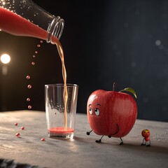A cartoon apple character stands next to a glass while juice is poured from a bottle. The scene is playful and colorful, emphasizing fun and creativity.