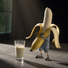 A cartoon banana character wearing overalls stands beside a glass of milk. The scene is well-lit with soft shadows, creating a playful atmosphere.