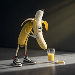 A cartoon banana character with arms and legs, wearing sneakers, leans over a glass of orange juice. The scene is bright and playful, emphasizing fun and creativity.