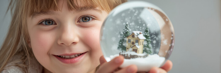 little girl holding a glass ball with a house inside, snow