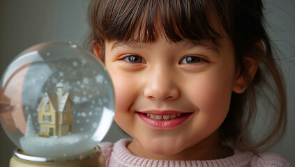 little girl holding a glass ball with a house inside, snow