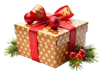 Golden Star Pattern Christmas Gift Box with Red Ribbon and Ornaments image graphic isolated on a transparent background