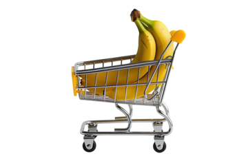 A playful arrangement of ripe bananas nestled in a tiny shopping cart against a minimalist background showcasing fresh fruit isolated on transparent background