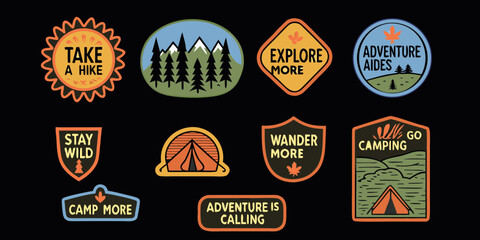 Collection of vintage outdoor adventure and camping themed patches with inspirational phrases
