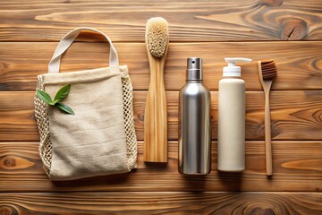 Zero waste concept with natural bamboo toothbrush, reusable bag, and metal bottles on wooden background