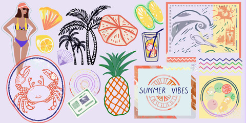 A vibrant collection of summer themed illustrations featuring a woman in a bikini palm trees pineapple and beach accessories
