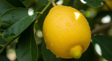 Ripe yellow citrus fruit with water droplets on green leaves lemon