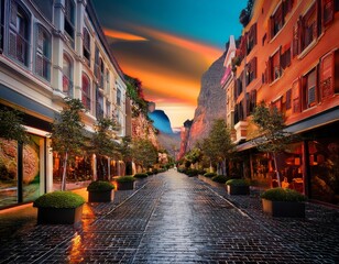 Fototapeta premium European Streetscape at Sunset: A Unique Blend of Urban Architecture and Mountain Views with vibrant colors.