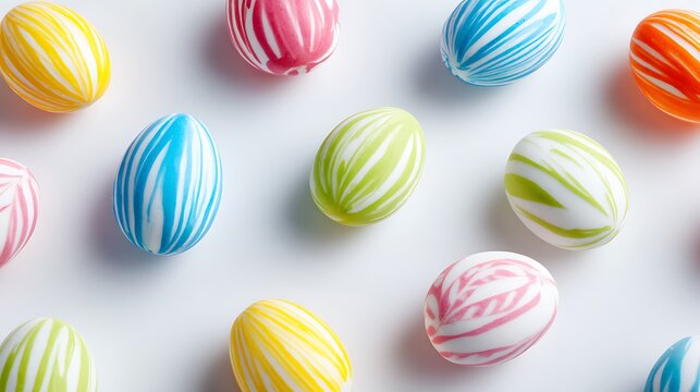 Decorative Easter egg candies with subtle patterns on a bright white backdrop