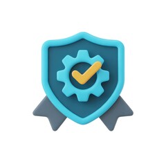 3D render of a quality assurance shield icon with a gear and checkmark, symbolizing certified protection and system integrity